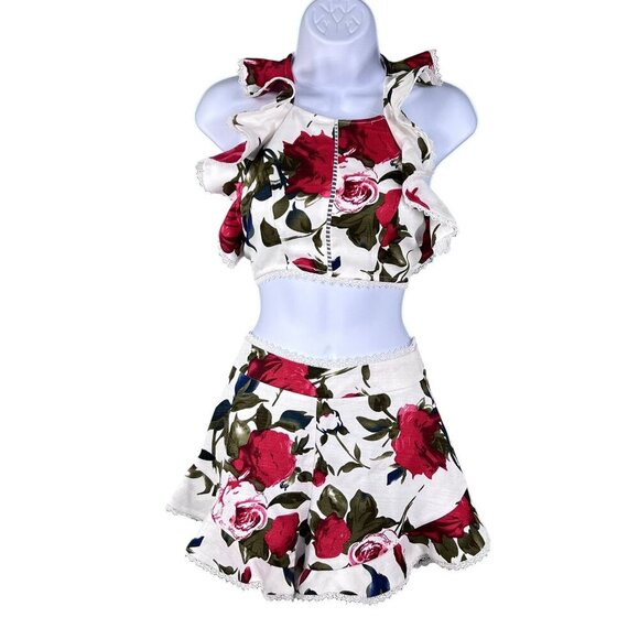 Luxxel NWT S Floral Ruffled 2 Piece Crop Top High Waist Short Set Marilyn Monroe - Picture 1 of 16
